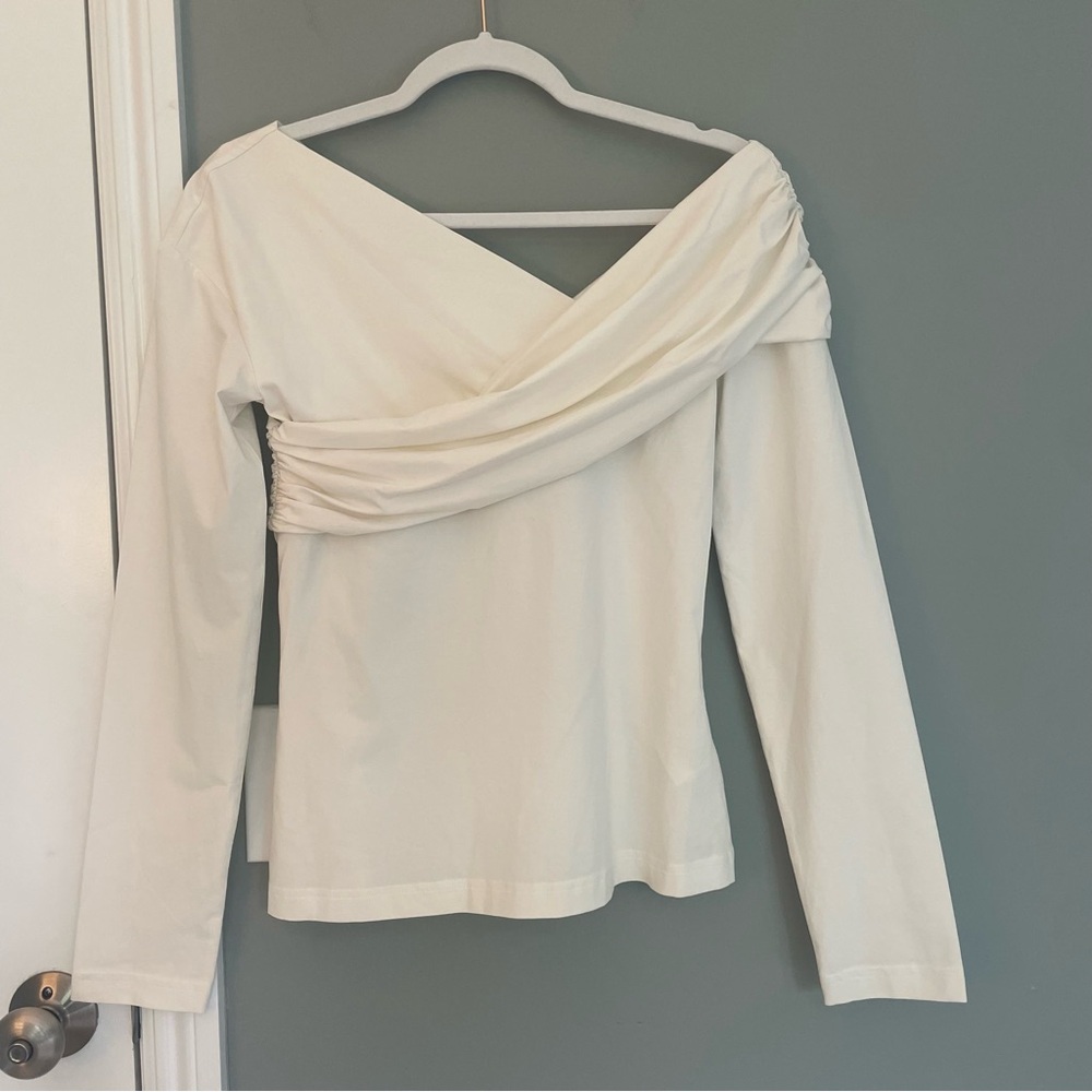 COS Off-White Draped Off-Shoulder Long Sleeve Top